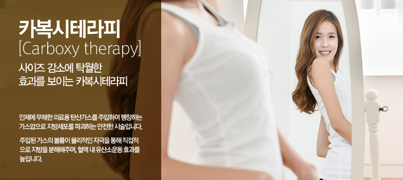카복시테라피[Carboxy therapy] / 직접적으로 지방을 분해해주어 간편하게 체형을 관리하다 / 인체에 무해한 의료용 탄산가스를 주입하여 팽창하는
가스압으로 지방세포를 파괴하는 안전한 시술입니다. 주입된 가스의 볼륨이 물리적인 자극을 통해 직접적으로 지방을 분해해주며, 혈액으로부터 산소유출을 일으켜 유산소 운동 효과를 기대할 수 있습니다.